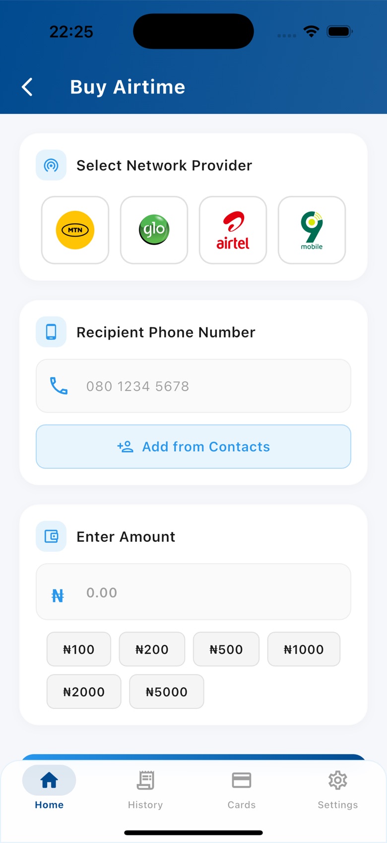 Buy Airtime screen with network selection, recipient number and amount