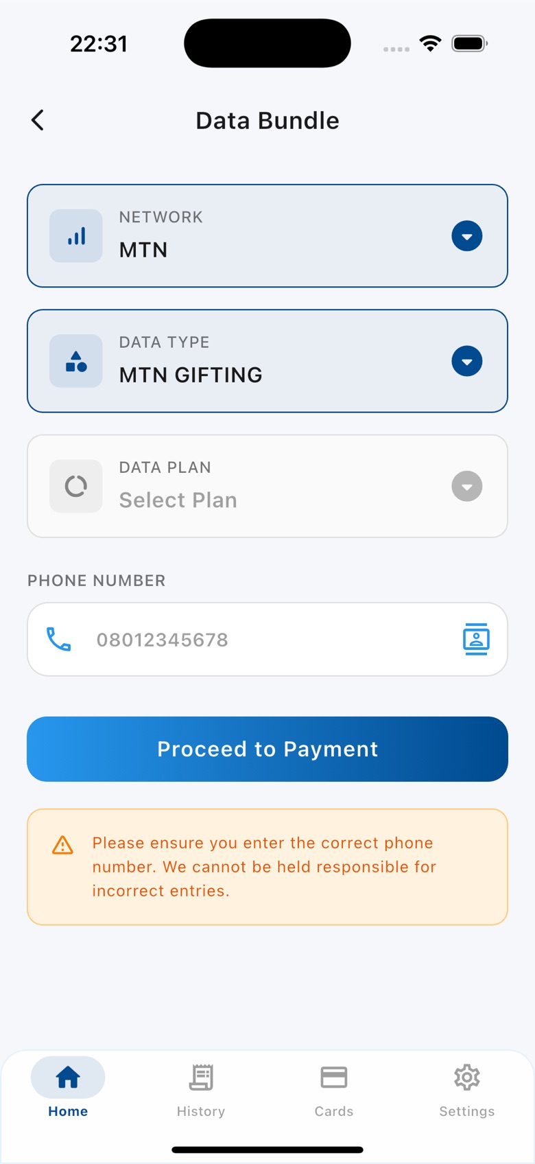VTUking Data Bundle screen with MTN network and MTN Gifting selected