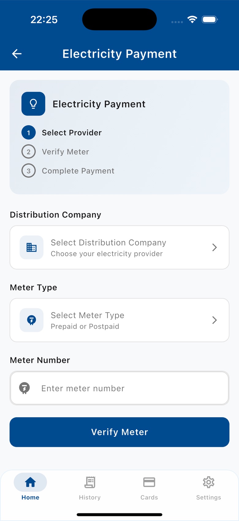 Electricity Payment screen with steps: select provider, verify meter, complete payment