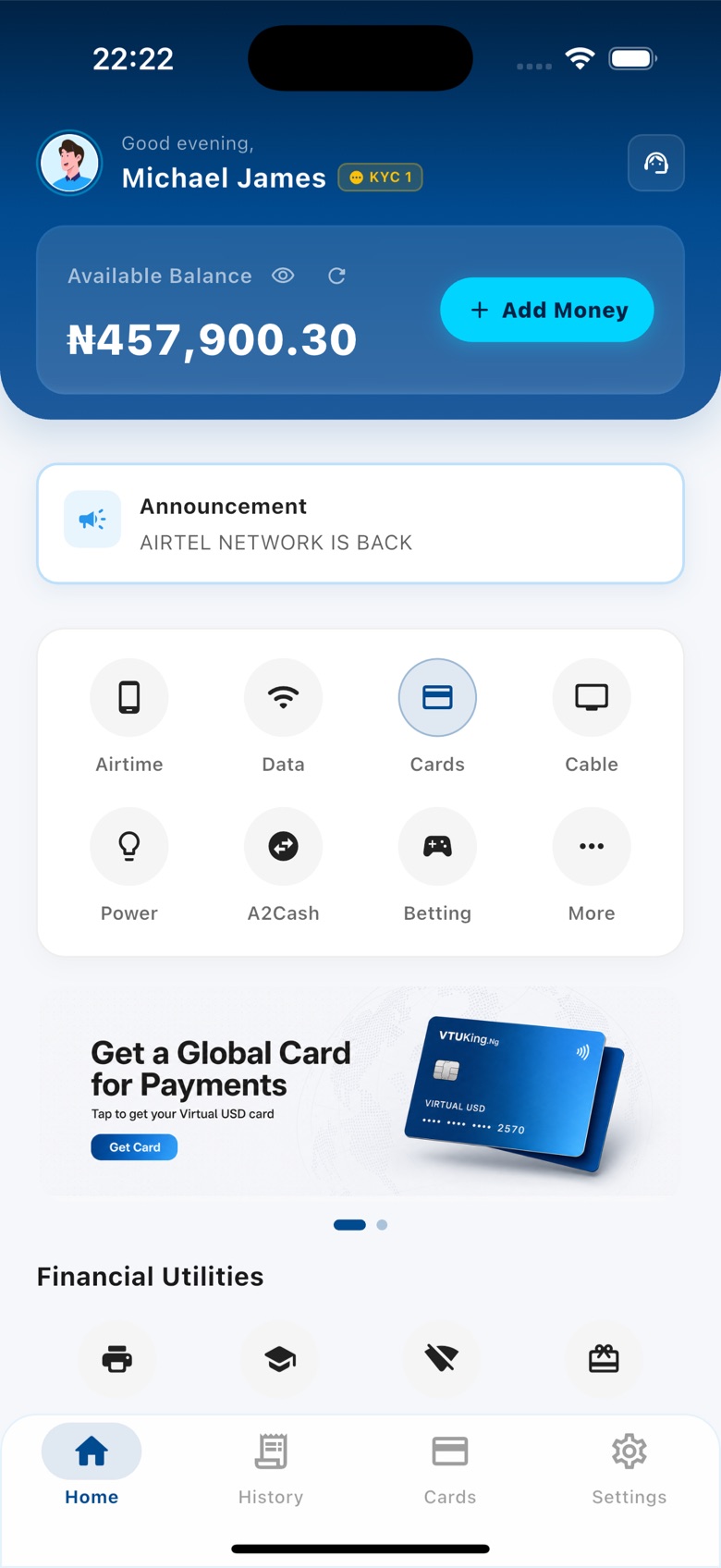 VTUking app home screen with wallet balance and services: airtime, data, cards, cable and power